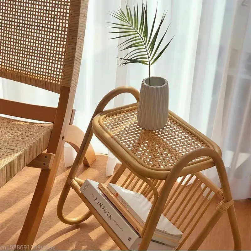 

Rattan Woven Collection Small Coffee Table Double Deck Home Japanese Wabi-Sabi Wind Bedroom Balcony Living Room Furniture