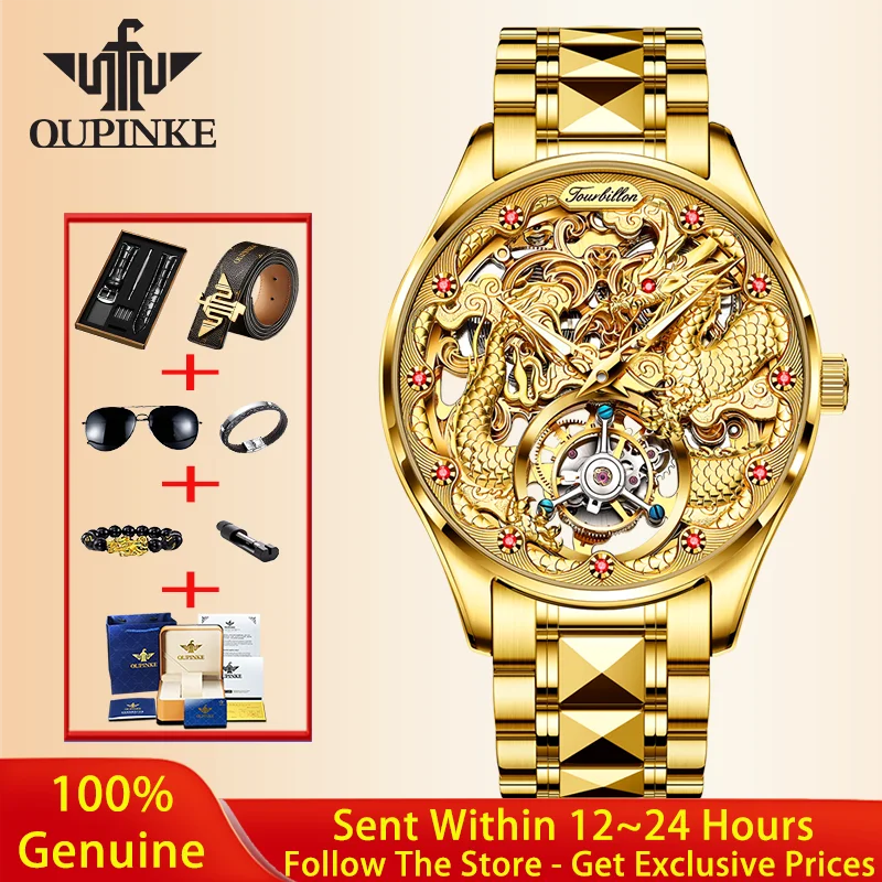 

OUPINKE Luxury Tourbillon Men Mechanical Watch Top Brand Men's Gold Dragon Watch Tungsten Steel Sapphire Mirror Men Watch 3176