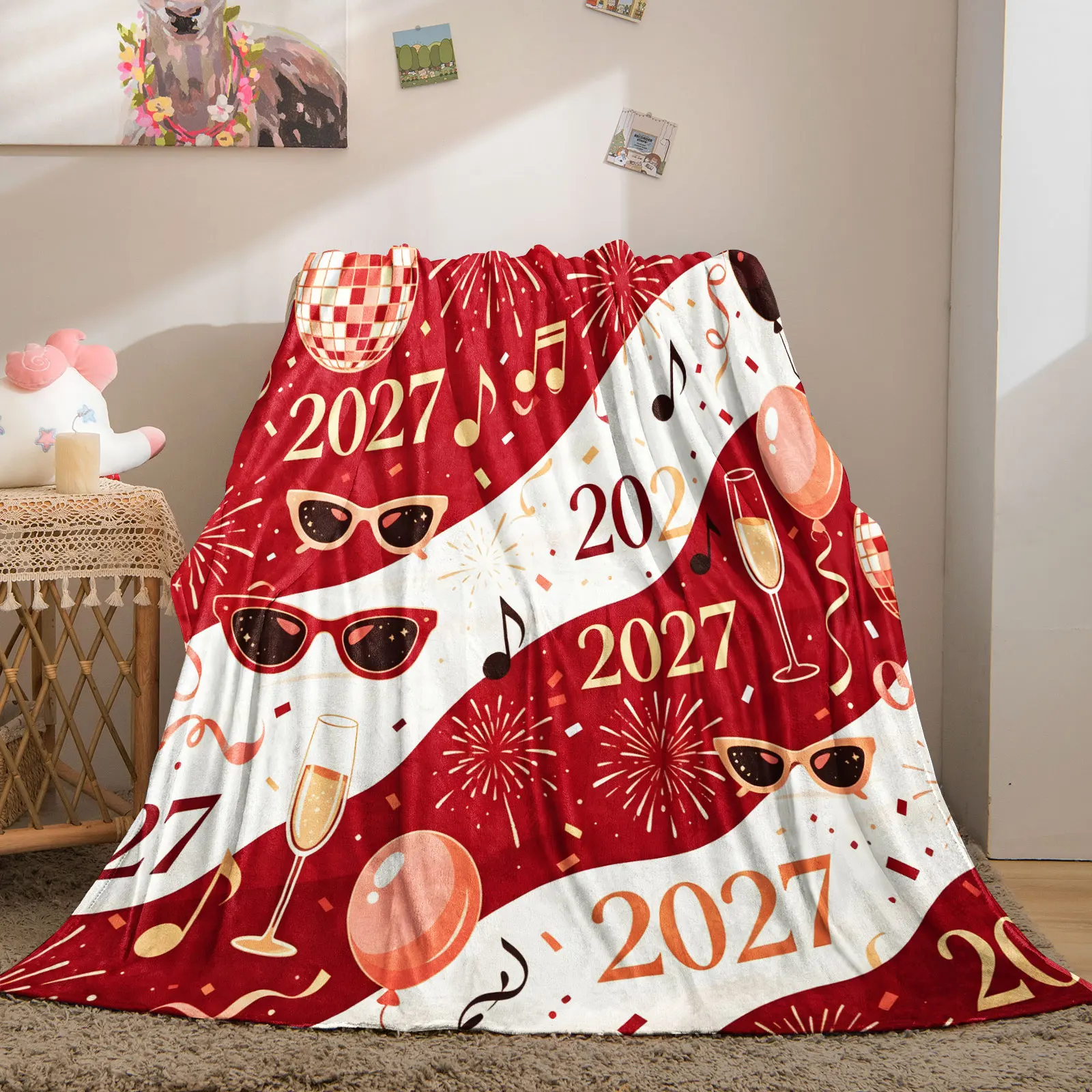 Happy 2027 New Year Holiday Throw Blanket Red White Disco Ball Firework Balloon Print Soft Flannel Microfiber Cozy Blanket Decor
