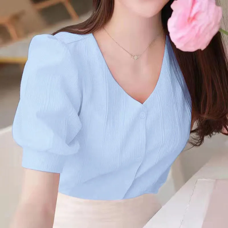 Elegant V-Neck Button Puff Sleeve Sweet Blouse Women\'s Clothing 2023 Summer New Loose Casual Tops All-match Office Lady Shirt