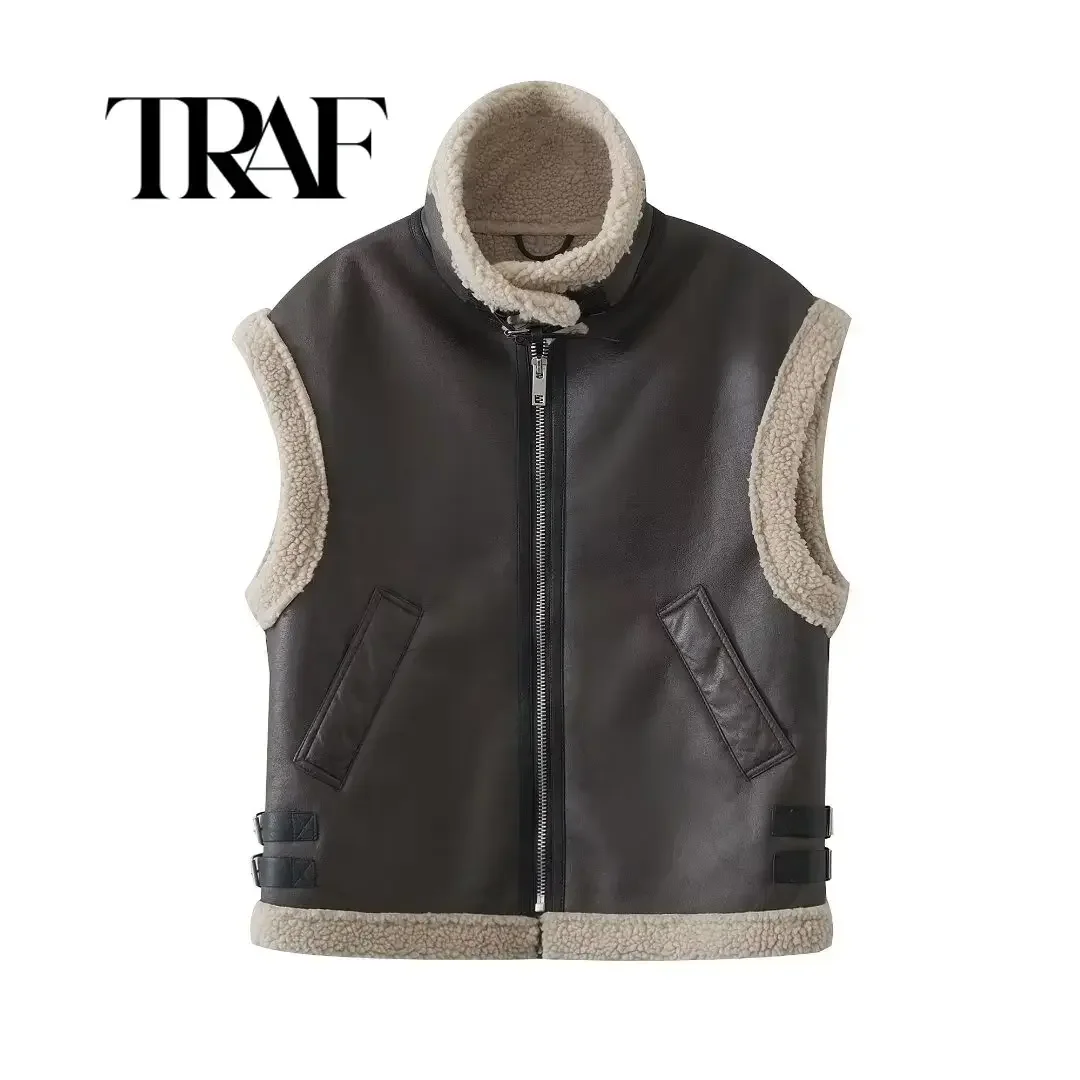 

TRAF Winter Women Fashion Zip Lambswool Faux Leather Jackets Vest Female Casual Sleeveless Thick Warm Waistcoat Outwear