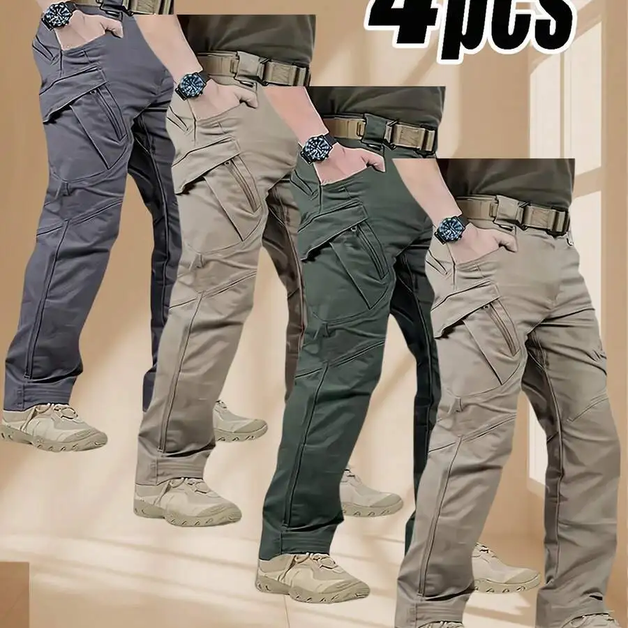 

4 Pieces Men’s Rugged Utility Cargo Pants With Multiple Pockets, Quick-Dry Breathable Loose Fit For Hiking Work