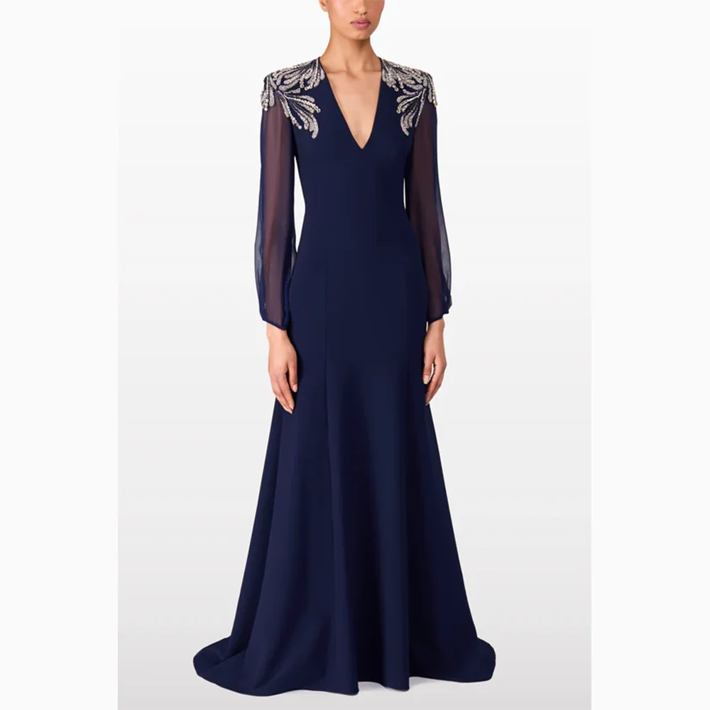 럭셔리 이브닝 드레스 브이넥 긴 소매 비즈 크리스탈 A라인 이브닝 가운 바닥 길이 웨딩 게스트 드레스 맞춤 제작