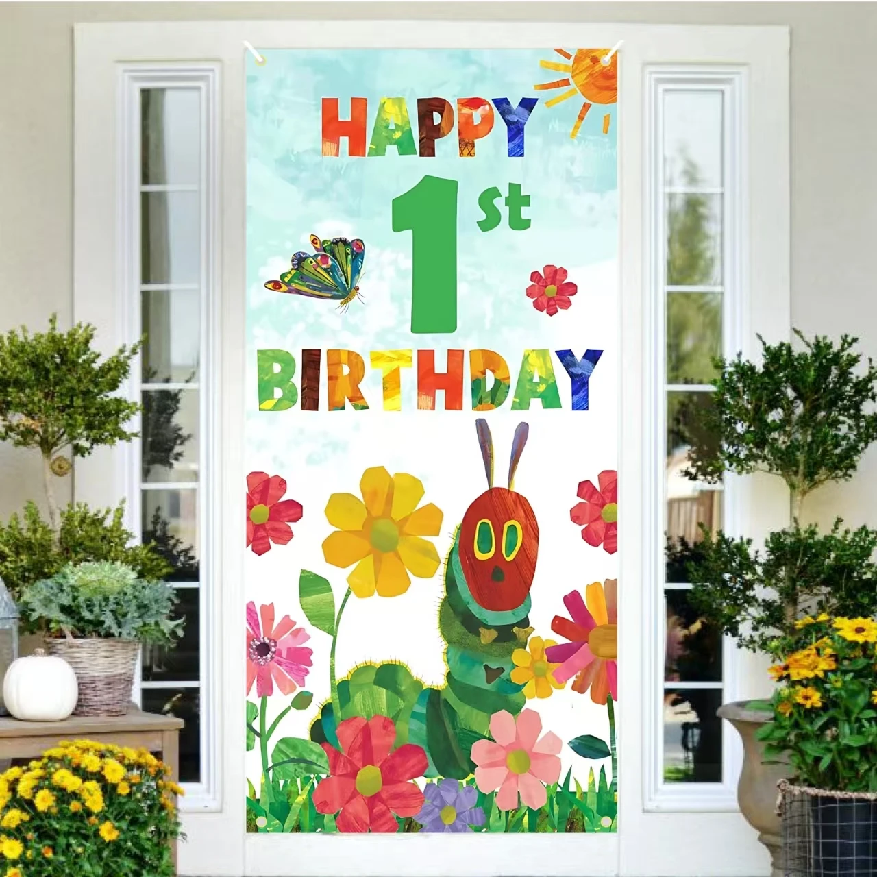 The Cute Hungry Caterpillar Happy Birthday Banner Backdrop 1 Year Old Cartoon Hungry Caterpillar Butterfly Colorful Flower