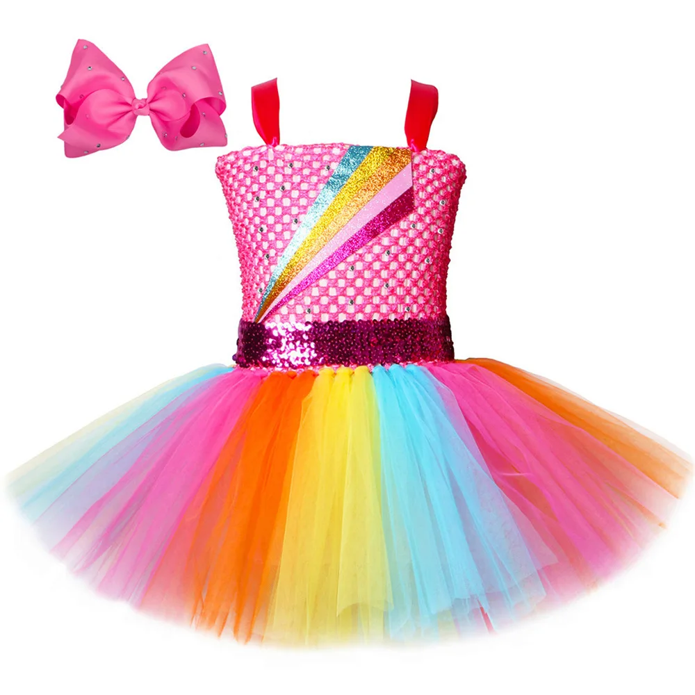 Rainbow Style Sweet Fashion Mesh Princess Tutu Dress With Bow Hair Clip For Kid Stage Performance Holiday Halloween Party Outfit