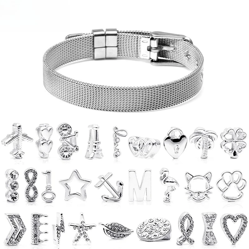 10mm Silver Color Charm Fit Stainless Steel Mesh Keepre Bracelets Beaded Fit Watch Belt Bangle DIY Jewelry