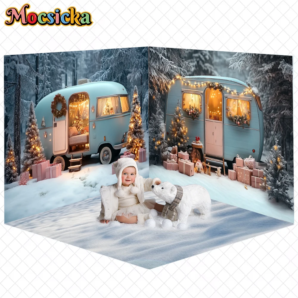 

Mocsicka Christmas Backdrop Photography Winter Snow Forest Xmas Tree Motor Home Decor New Year Party Kid Photo Background Banner