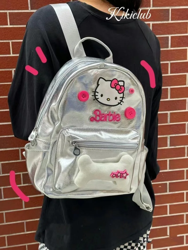 Y2k Sweet Spicy Girl Hello Kitty Small Backpack Silver Star Bone Back Pack Trendy Leisure Travel Bags for Women Crossbody Bags