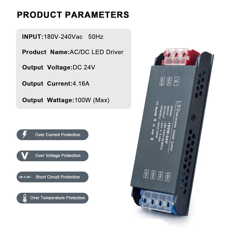

AB66-24V AC Input LED Light Driver Power Adapter 100W AC180-240V Silent Mute Lighting Transformer LED Power Supply