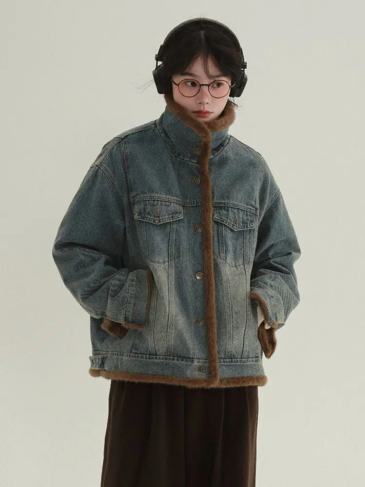 

Джинсовое пальто с настоящей овечьей лампой, зимнее меховое плюшевое женское пальто в стиле бохо, городской отдых, впитывающий влагу, нечеткая лоскутная стеганая ткань