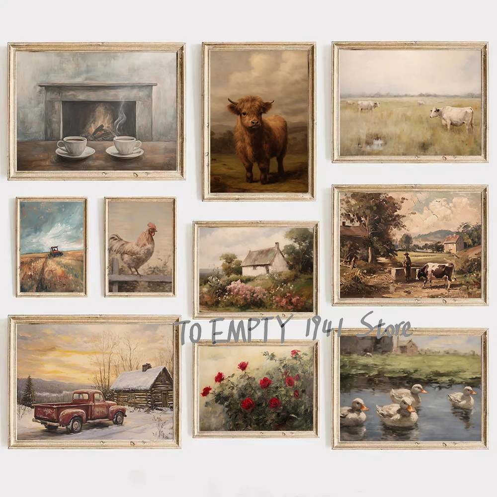 Vintage Farmhouse Countryside Landscape Poster Farmhouse Animals Decor Farmland Field Wall Decor Canvas Prints Housewarming G