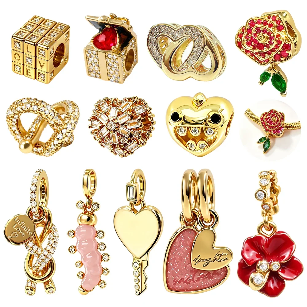 Rose Heart Love Cube Key Infinity Gold CZ Original Charm Silver Plated Beads Fit Bracelets Bag Keychain Diy Women Gift Accessory