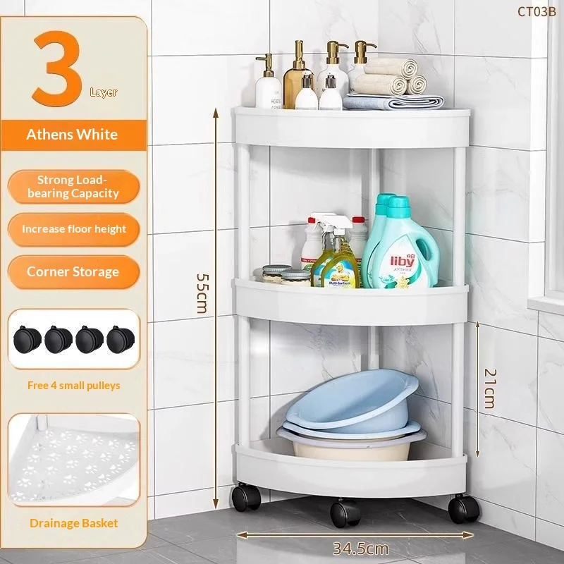 3/4/5 Tier Rolling Corner Bathroom Shelf, Waterproof Wheeled Corner Storage Cart with Drain Holes for Toilet, Shower & Kitchen