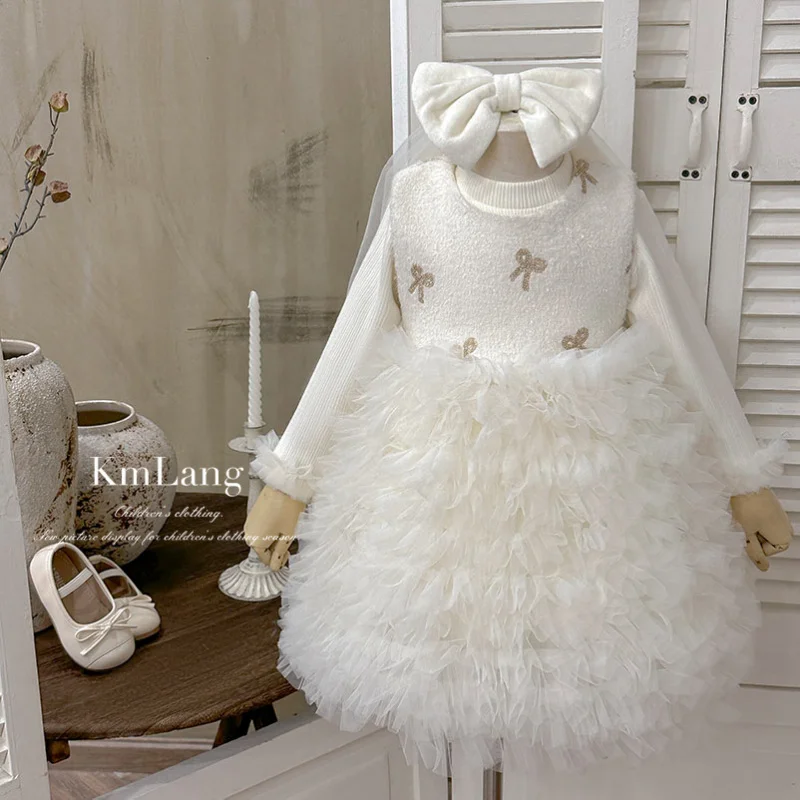 فستان بناتي مبطن بالصوف 2025 فستان أميرة شتوي وردي للأطفال للفتيات الصغيرات مع عقدة فيونكة #4