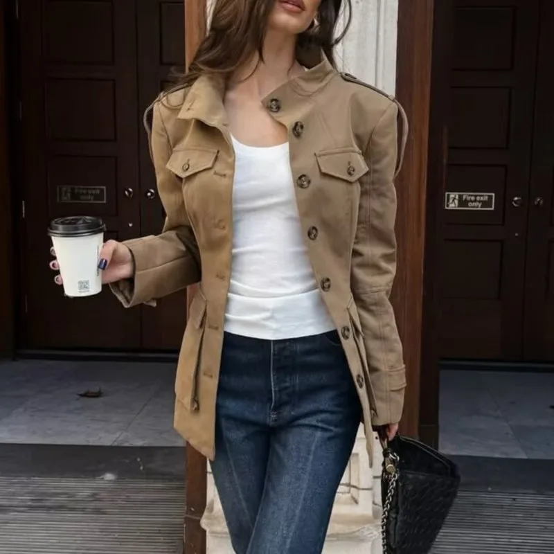 

Уличный женский Тренч с воротником-стойкой и длинными рукавами и карманами, модный элегантный осенний однобортный женский плащ 2025 года