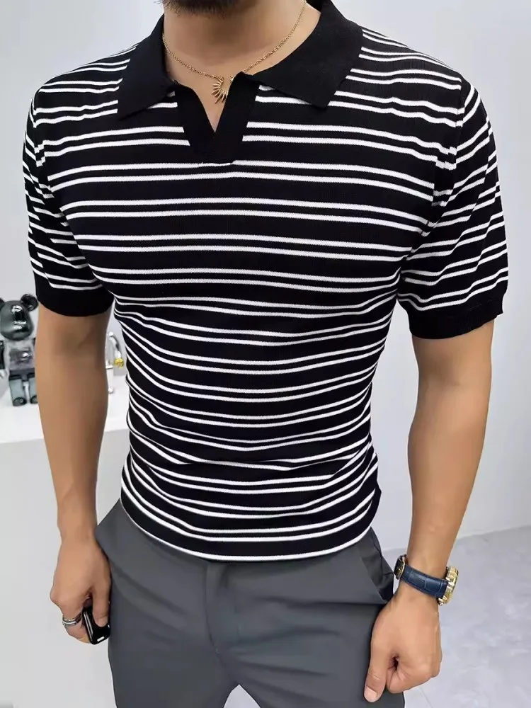 Mens Summer Casual Slim Fit Knitted T-Shirt Short Sleee Vintage Striped Tees Breathable Knitwear Stretchy Tees Tops Streetwear