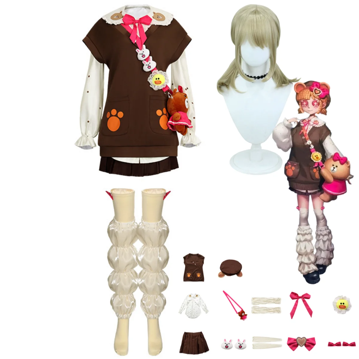 Disfraz de Cosplay de Emma Woods, Jardinera del Anime Game Identity Ⅴ, Chaleco Marrón, Camisa, Falda, Bolso, Uniforme, Peluca, Traje de Disfraces para Mujer