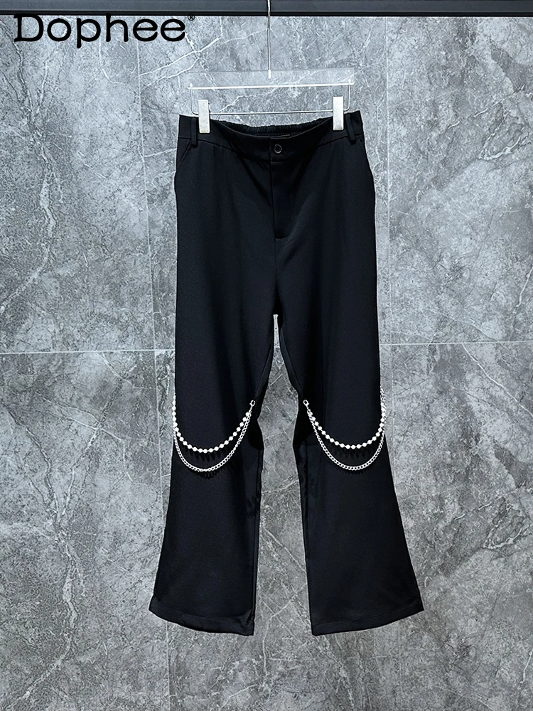 Male Pearl Chain Decorative Black Casual Pants 2024 Men's New Loose Comfort Trousers Handsome Trendy Male Straight-Leg Trousers