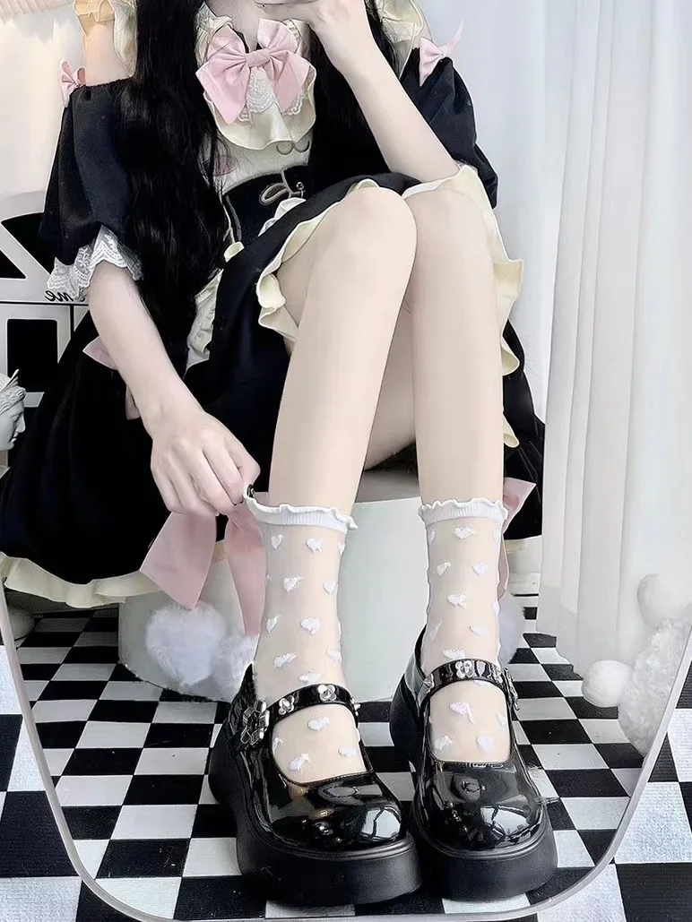 JK Lolita Girls Cute Transparent Mesh Crew Socks Women Sweet Ruffled Lace Trim Cute Love Heart Pattern Anime Princess Hosiery image 5