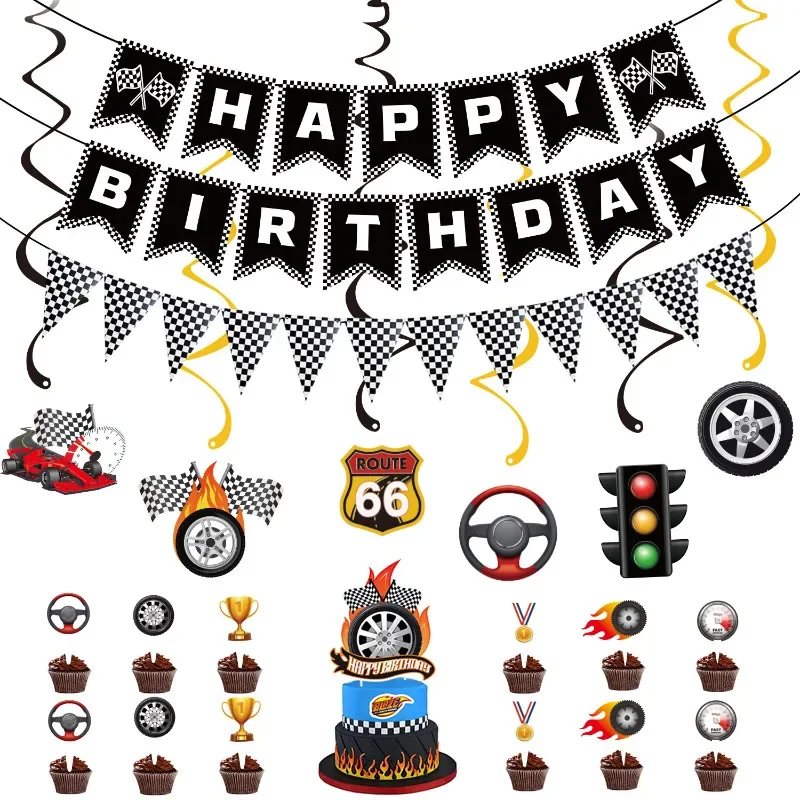 Black & White Checkered Racing Themed Birthday Party Decoration Set with Swallowtail/Triangle Flags Cake Toppers Spiral Pendant