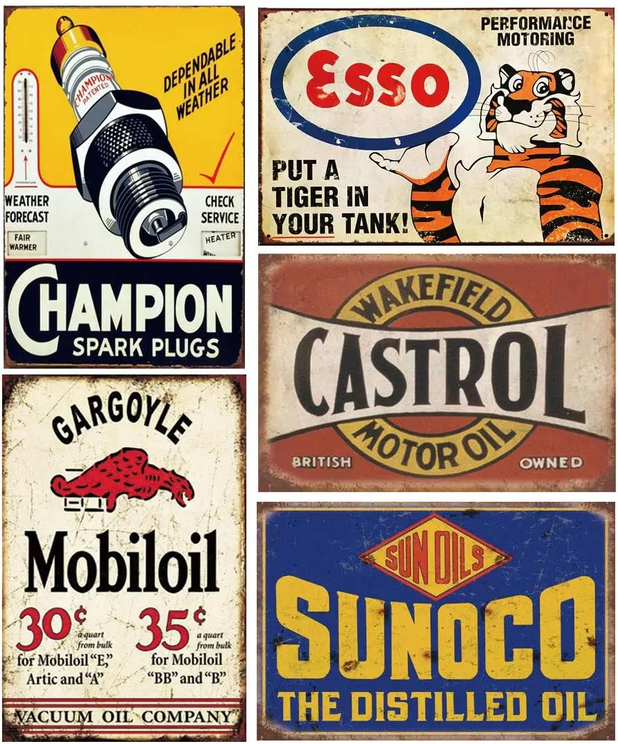 Tin Signs 5 Pieces Reproduction Vintage, Gas Oil Metal Signs, Home Kitchen Man Cave Bar Garage Wall Decor, 8x12 Inch sign