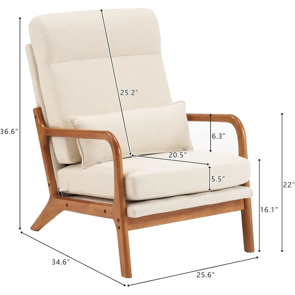 High Back Linen Beige Century ern Accent Chair, Soild Wood Padding Lounge Armchairs Side Sitting Chairs or Living Room, Bedroom,