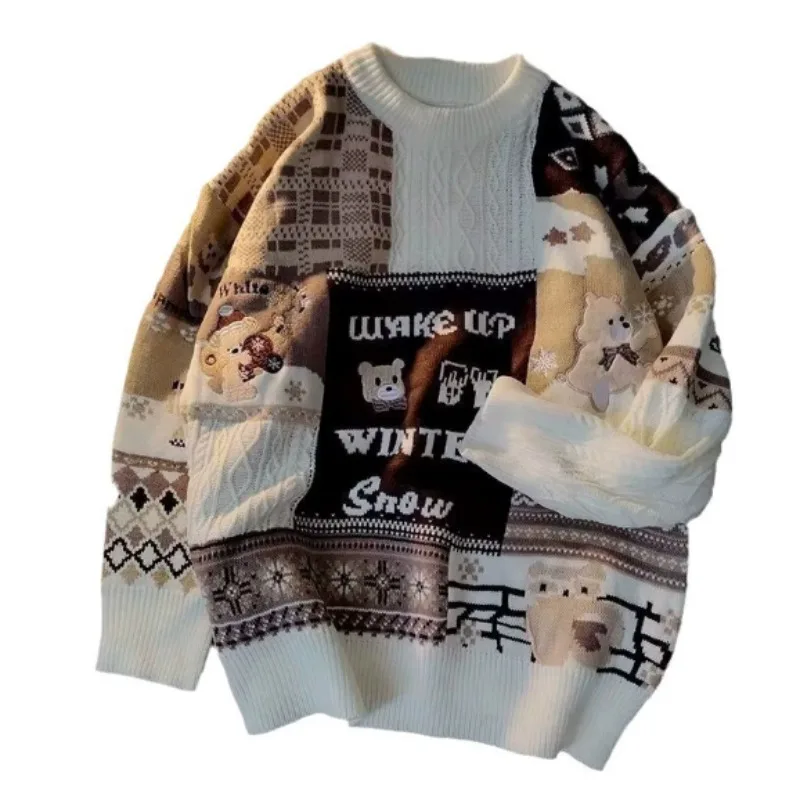 Fashion Japanese Retro Twist Christmas Sweater Winter Loose Round Neck Long Sleeve Versatile Jacket for Men