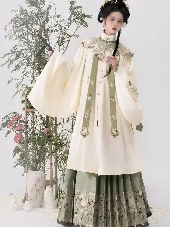 Ming Hanfu 데일리 스탠딩 넥 셔츠, 자수 롱 코트, 구름 어깨, 말 얼굴 치마, 중국 스타일, 고대 의상, 신상