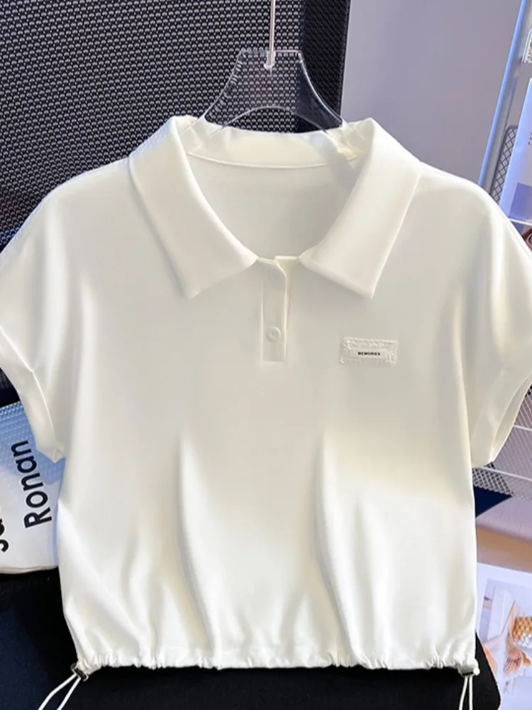 

Turn-down Collar ort Sve irt Women's Loose Bot Dstring Top Korean Sle Cotton Blend Summer Faion