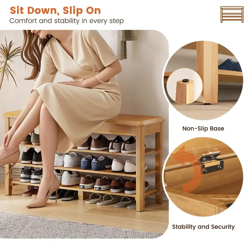 مقعد تخزين من الخشب المطاطي الحديث من منتصف القرن مع رف أحذية، سعة 550 رطل، تصميم مدمج للمدخل والممرات