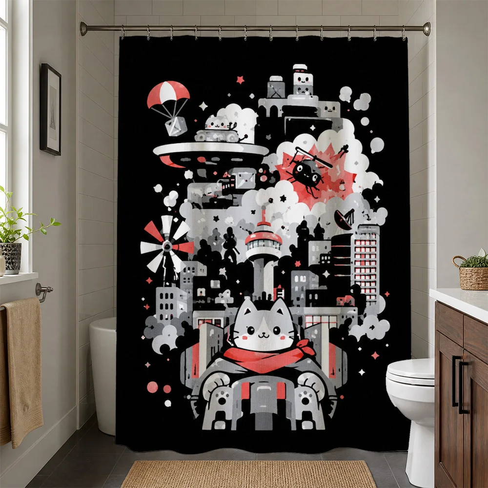 Kawaii Cat Cityscape Adventure Shower Curtain Cute Pop Art Cartoon Bathroom Decor for Kids