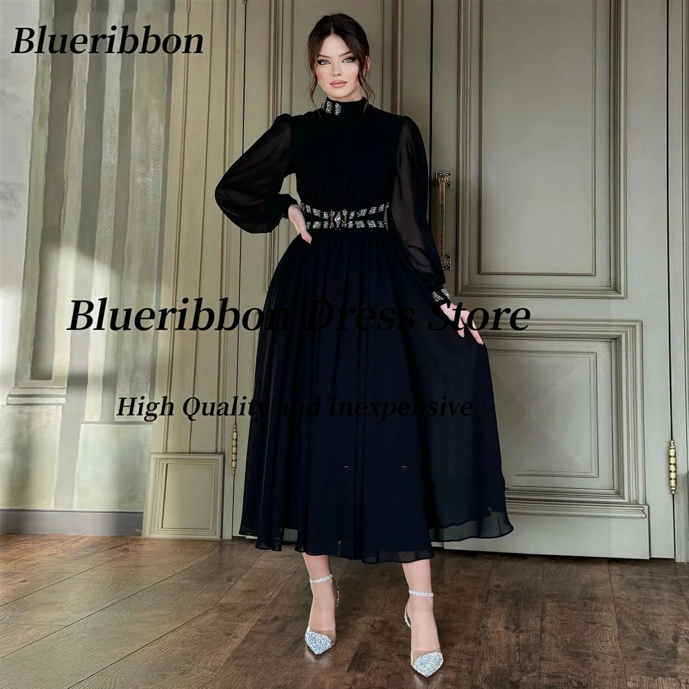 Blueribbon Chiffon Tea Length Prom Dresses High Collar Beaded Sash Vestido Elegante Fiesta 2024 Long Sleeves Evening Party Gown