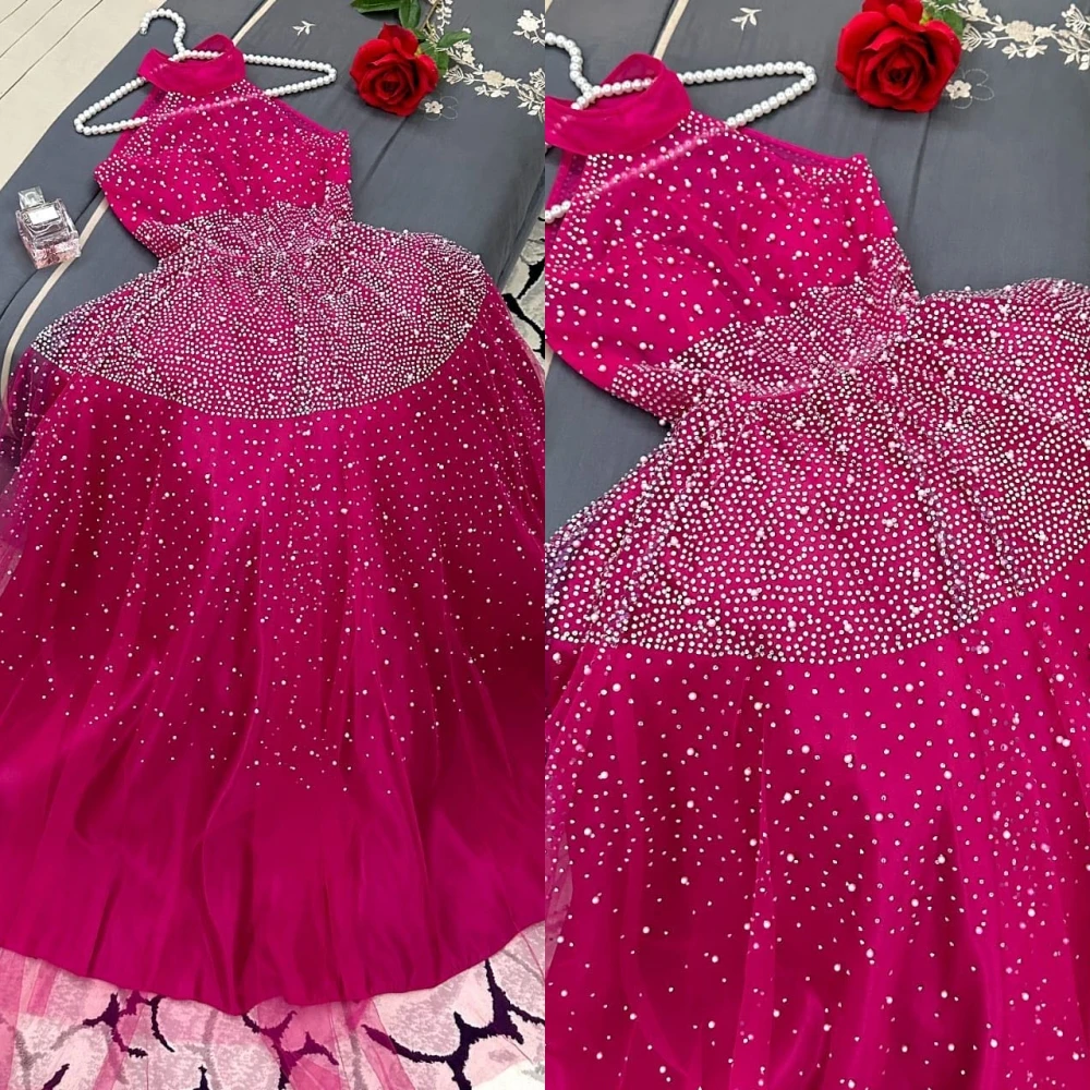 Op maat gemaakte Sparkle Halter A-lijn feestjurk Kralen Enkellange Tule Rokken Organza Avond