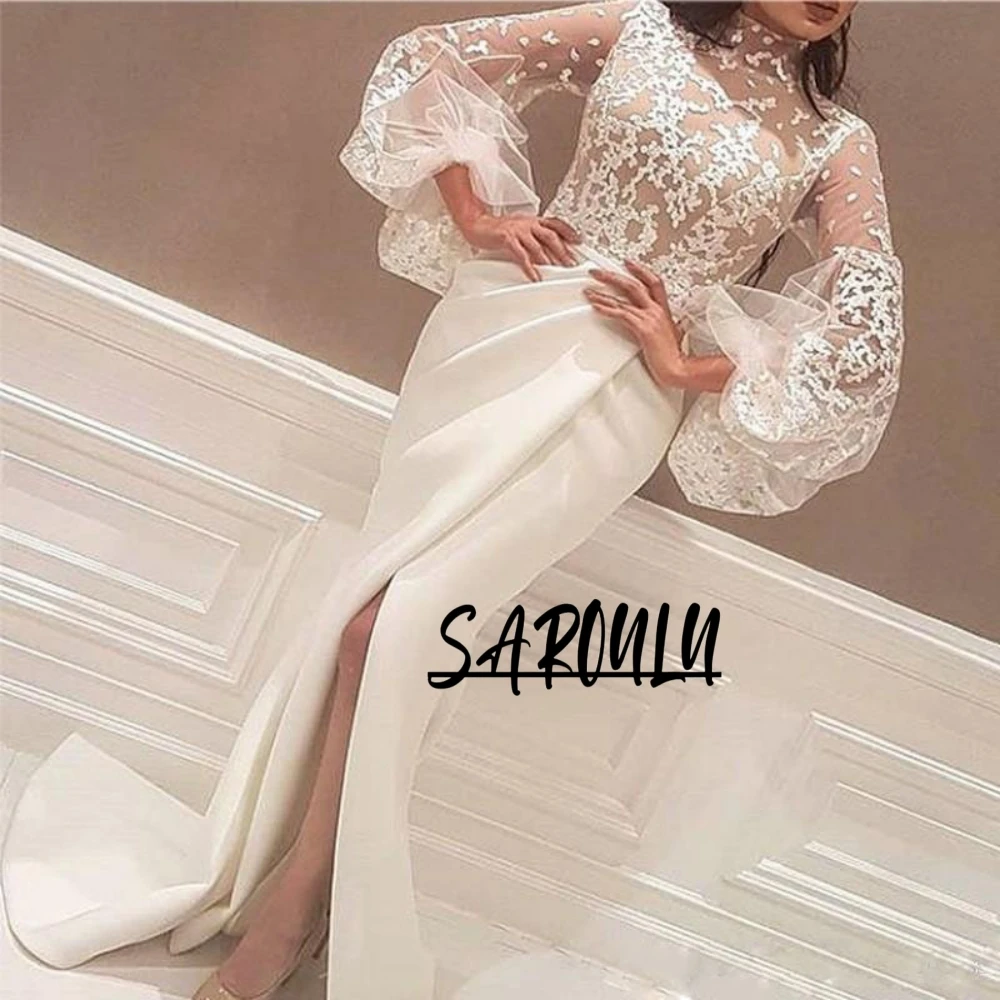 

2026 White Lace Mermaid Evening Dress With Slit Elegant High Neck Birthday Party Women Wear S-2XL Modern Charming Prom Gown