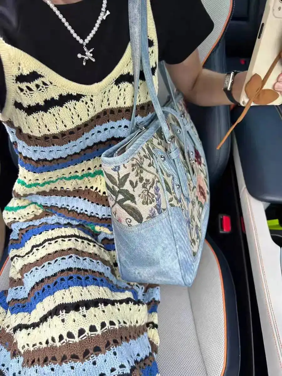 Bloom Vintage Denim Tote Handbag Women Floral Embroidery Large Capacity Casual Shoulder Bags Female Y2k Underarm Bag Chic