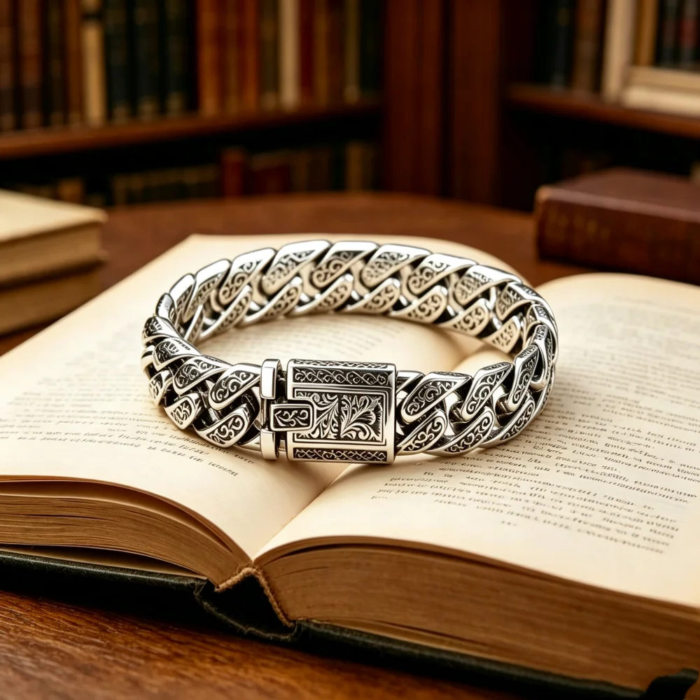 Vintage Engraved Chain Bracelet for Men S925 Silver Retro Gothic Scroll Pattern Cuban Link Biker Bracelet Punk Rock Jewelry Gift