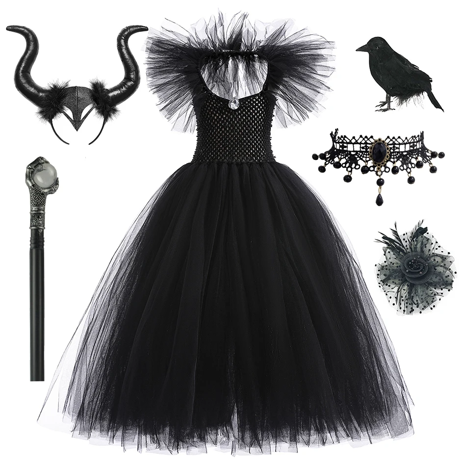 Black Witch Princess Dress Kids Tulle Tutu Ruffles Frocks Evil Queen Cosplay Costumes Girls Maleficent Halloween Birthday Gown