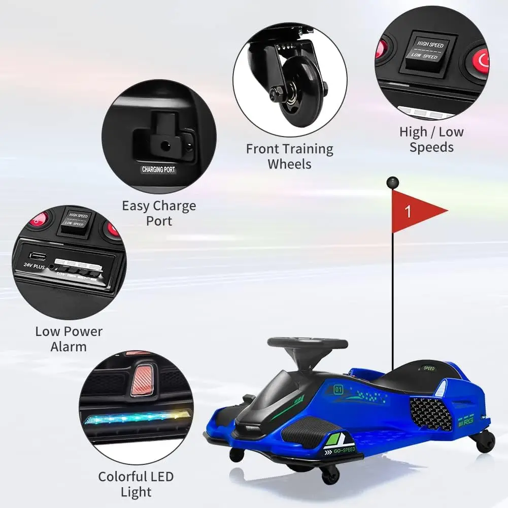 24V Ride on Drift Car,7Ah Battery 180W Brushless Motor Kids Electric Drifting Go-Kart for Rider up to 110 lbs, with Music,Lights