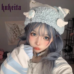 Harajuku urocza gwiazda czapka ucho kota z dzianiny Y2k Gothic Lolita pluszowe skrzydła Kawaii akcesoria czapki zimowe wiatroszczelne ciepłe czapki