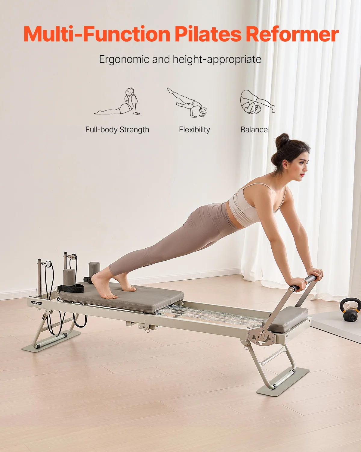 VEVOR Foldable Pilates Reformer Pilates Workout Machine for Home Gym Studio Use, Pilates Bed with Dual Resistance- Spring & Cord view 6