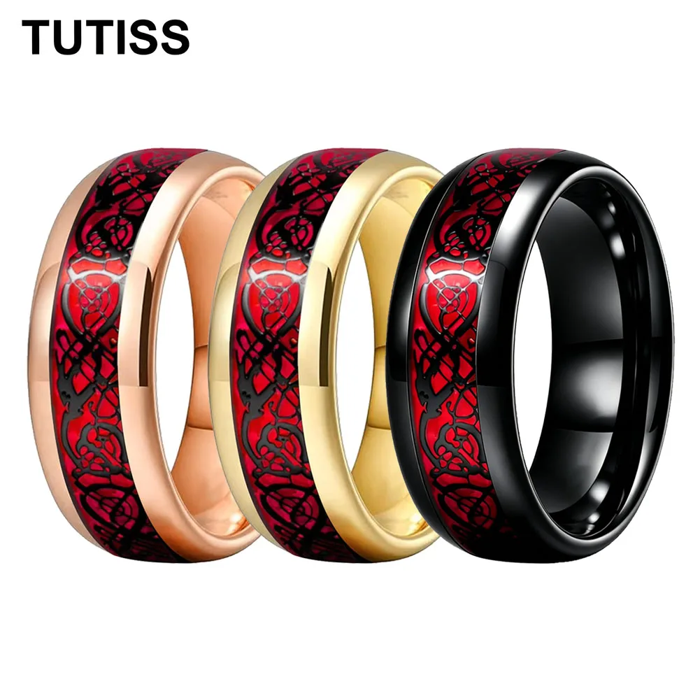 TUTISS 6/8mm Dome Polishing Red Carbon Fiber and Black Dragon Inlay Tungsten Ring Men Women Engagement Wedding Band Comfort Fit