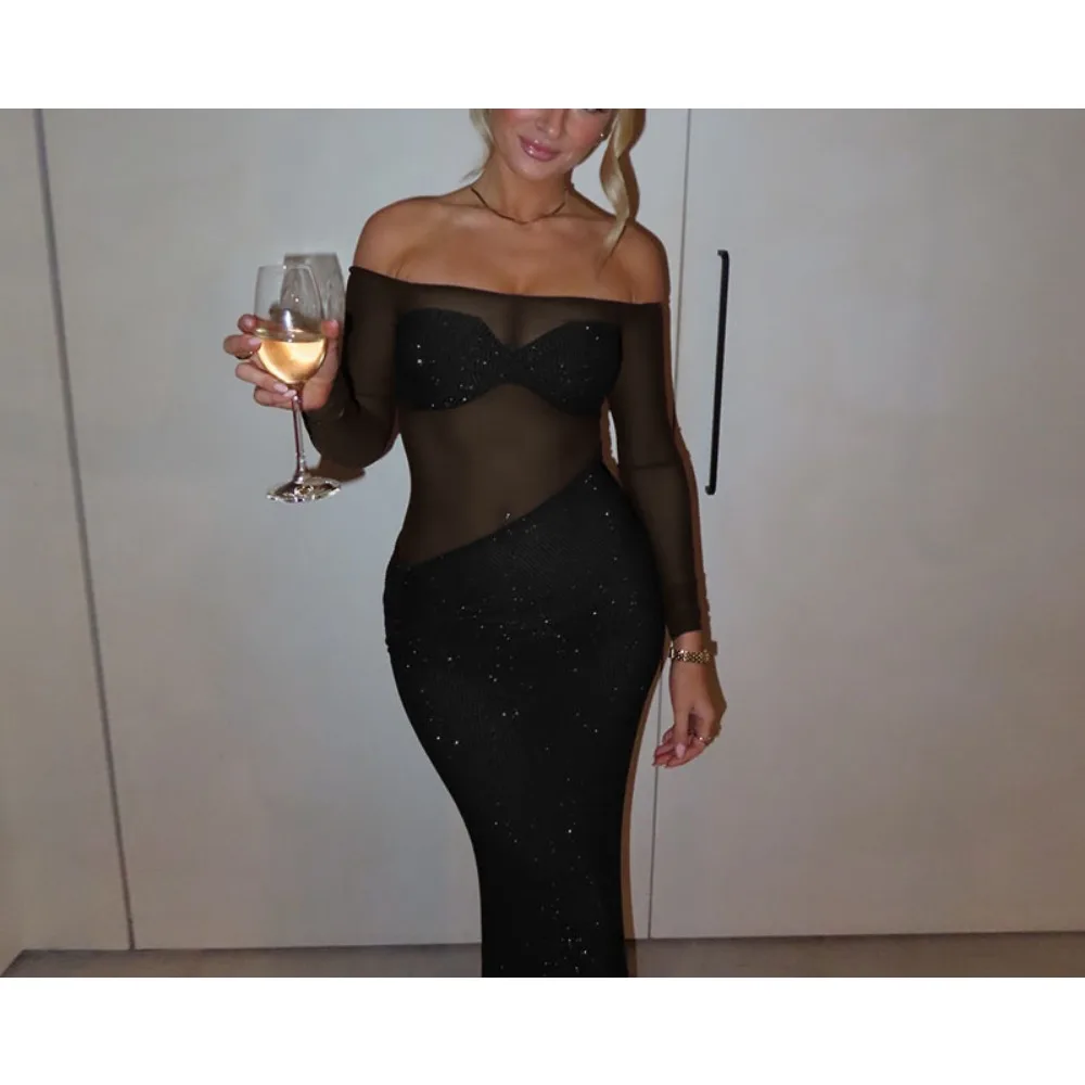 TWOTWINSTYLE 여성을위한 솔리드 스플 라이스 메쉬 드레스 슬래시 넥 긴 소매 높은 허리 슬리밍 드레스 여성 의류