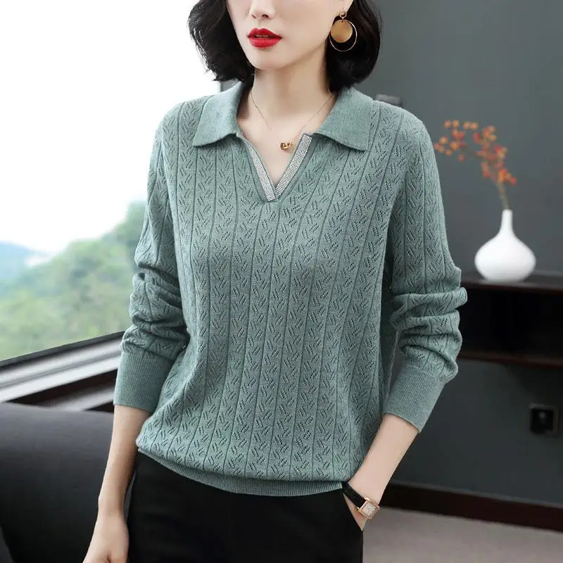 2023 Autumn/Winter New Wide Show Thin Loose Polo Neck Long Sleeve Solid Loose Comfortable Leisure Office Lady Color Female Knit