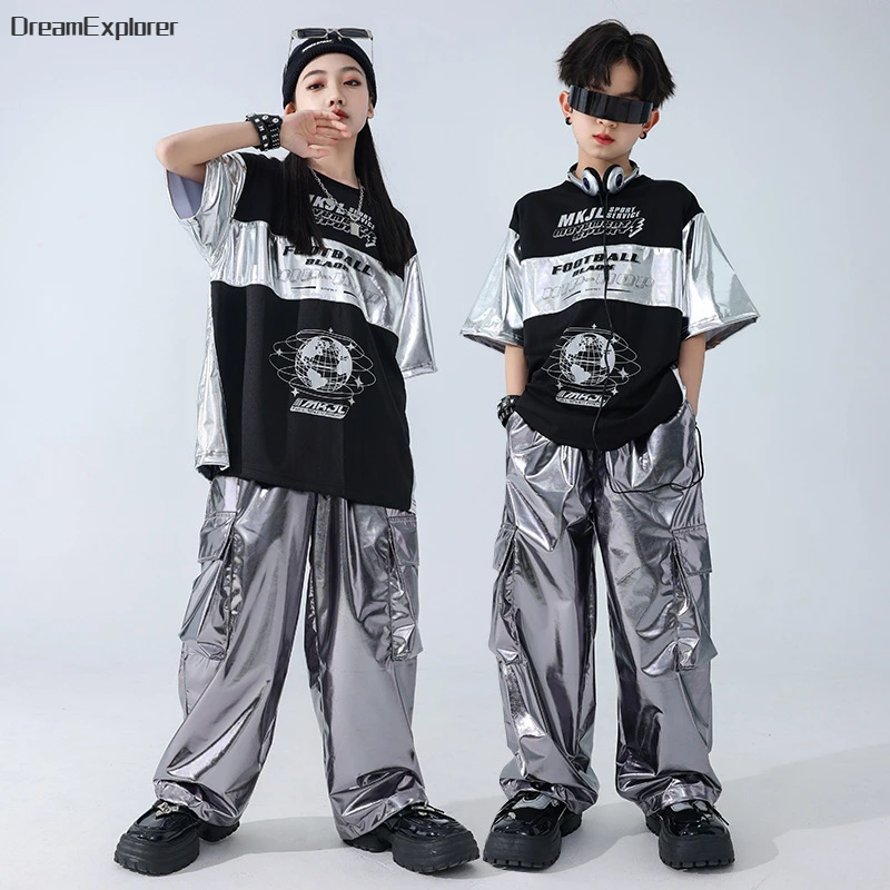 Boys Hip Hop Patchwork T-shirt Silver Street Dance Cargo Pants Girls Sequin Streetwear Kids Jazz Clothes Children Stage Costumes