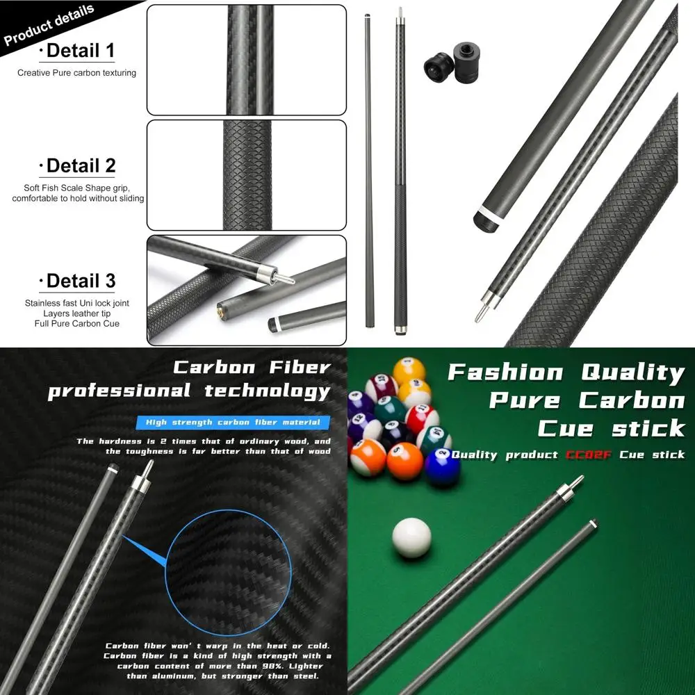

Carbon Fiber Pool Cue with Soft Grip, 12.5mm Tip, 200g, 58 Length