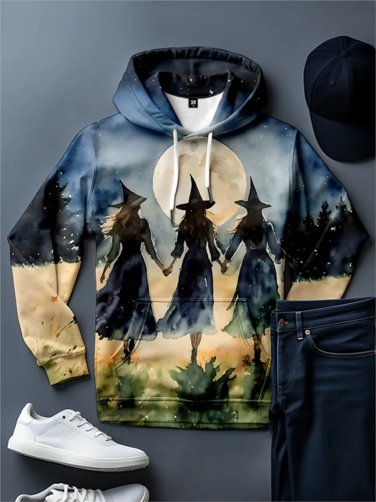 Hoodie estampado de bruxa do Dia das Bruxas, casual street tops, nova moda, 3D, 2024