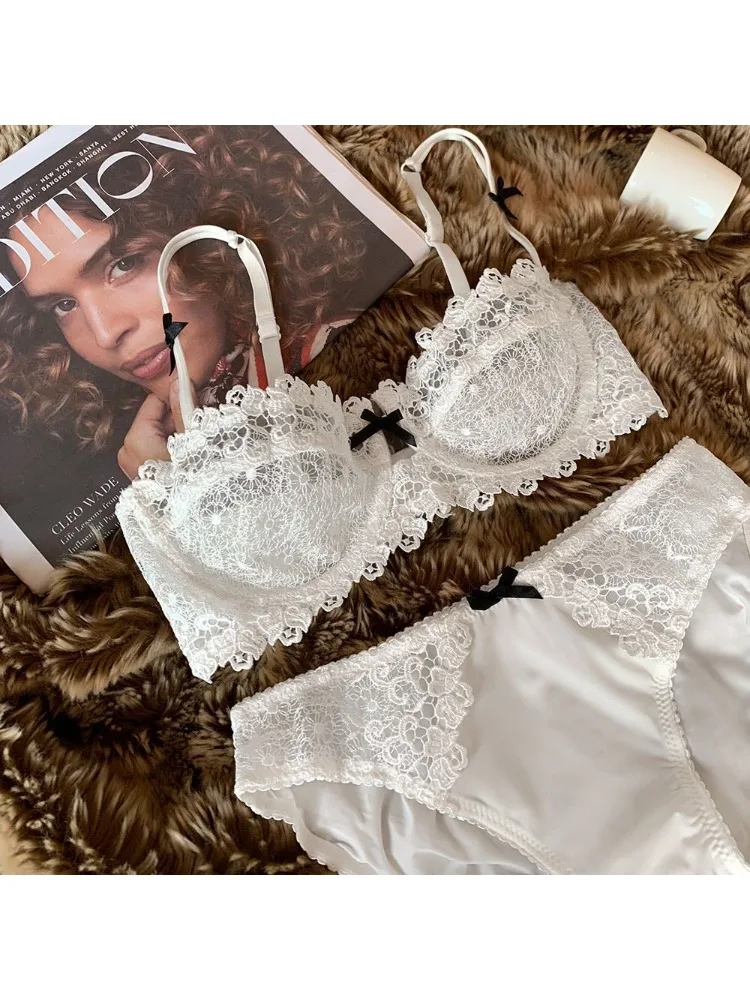 Sexy Lace Bra Set for Women Plus Size Half Cup Sheer Ultra Thin Nipple Concealed Erotic Lingerie Push Up Comfort Underwear Set