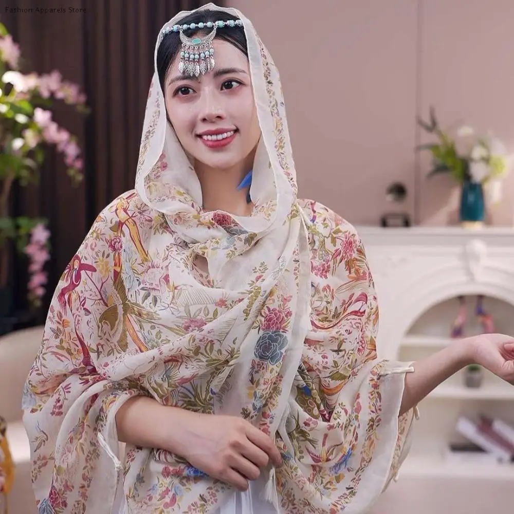 

Дышащий женский шарф с цветочным принтом и пуговицами в виде лягушки, длинная тонкая большая шаль с рисунком птицы, солнцезащитный крем, головной платок, украшение для шеи