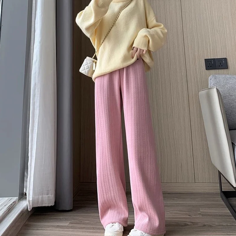 Autumn Winter 2024 All-match Fleece Wide Leg Pants Female Casual Solid Color Elastic Waist Trousers Women Clothes Thick Pants