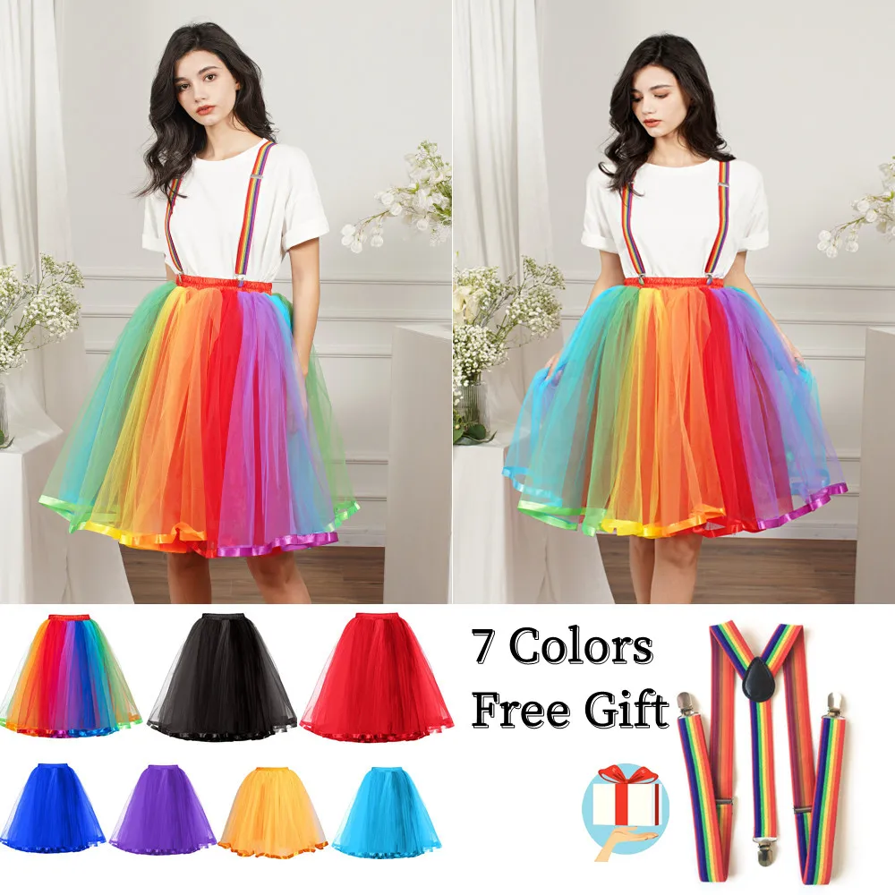 

US Stock Rainbow Tutu Skirt Women Christmas Gift 10 Colors Soft Tulle Girls Petticoat 5 Layer Midi Underskirt for Halloween Xmas